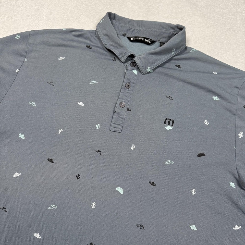 TravisMathew Polo Shirt Mens 2XL Gray All Over Print Golf Cactus Sombrero Taco